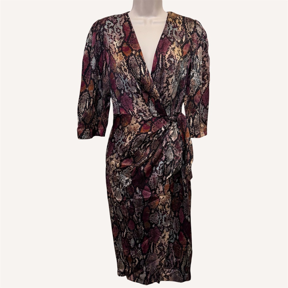 Rebecca Taylor Silk Wrap Dress 2 Multi Snakeskin Edgy Boho Chic Office Earthy